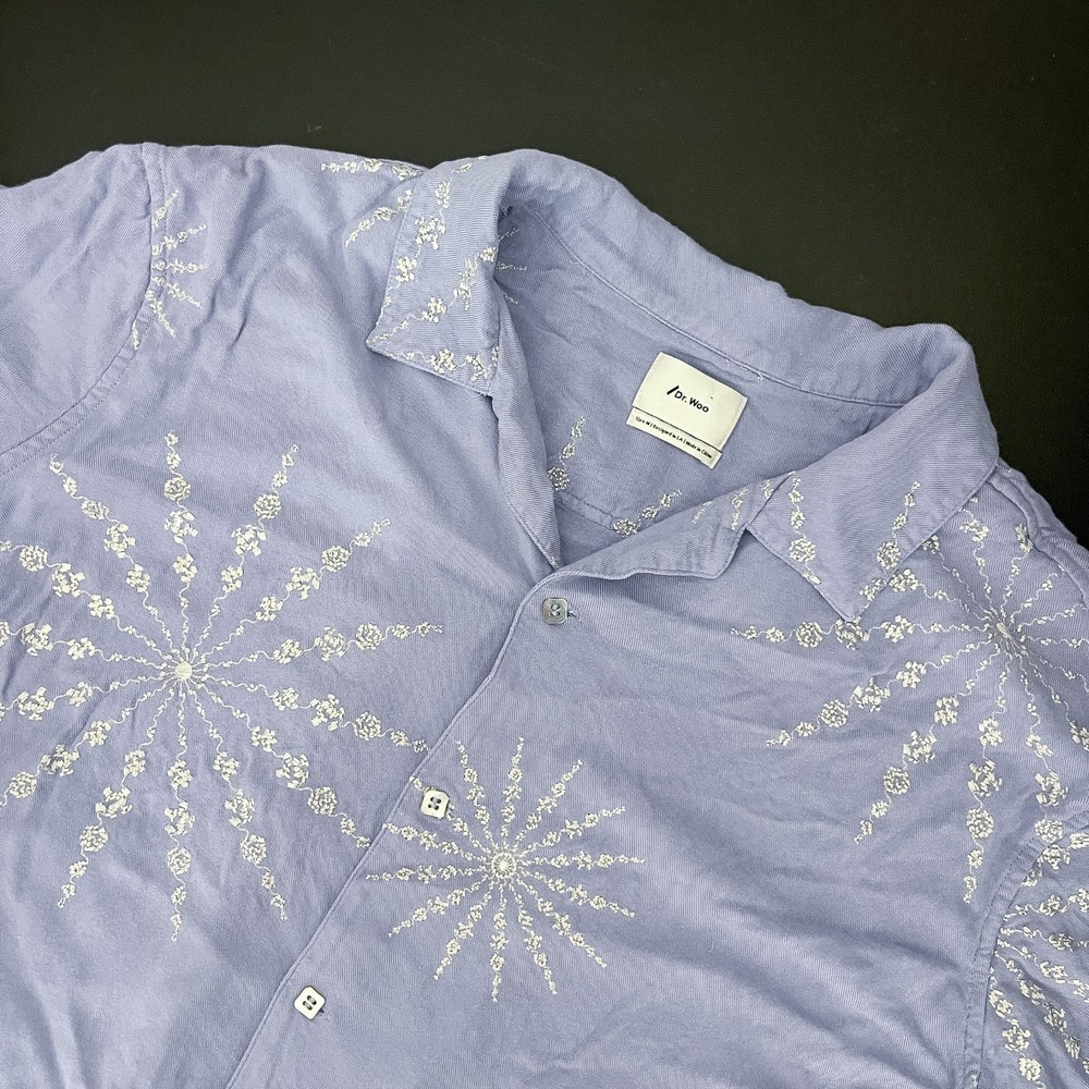 Dr. Woo Nyden H&M Hawaiian Shirt Mens Medium Blue Embroidered Rayon Boxy